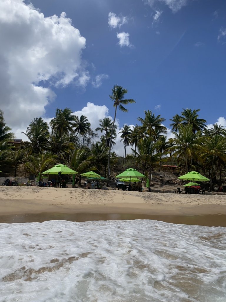 Aufnahme vom Wasser aus: Strand von Coqueirinho mit grünen Sonnenschirmen, Palmen im Hintergrund und leicht bewölktem Himmel.