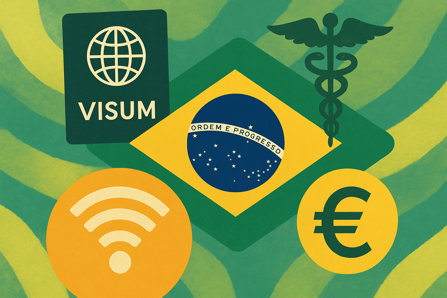 Abstrakte Illustration zu Digital Nomaden in Brasilien mit Flagge, Visum, Euro-Zeichen, Gesundheitssymbol und Internet